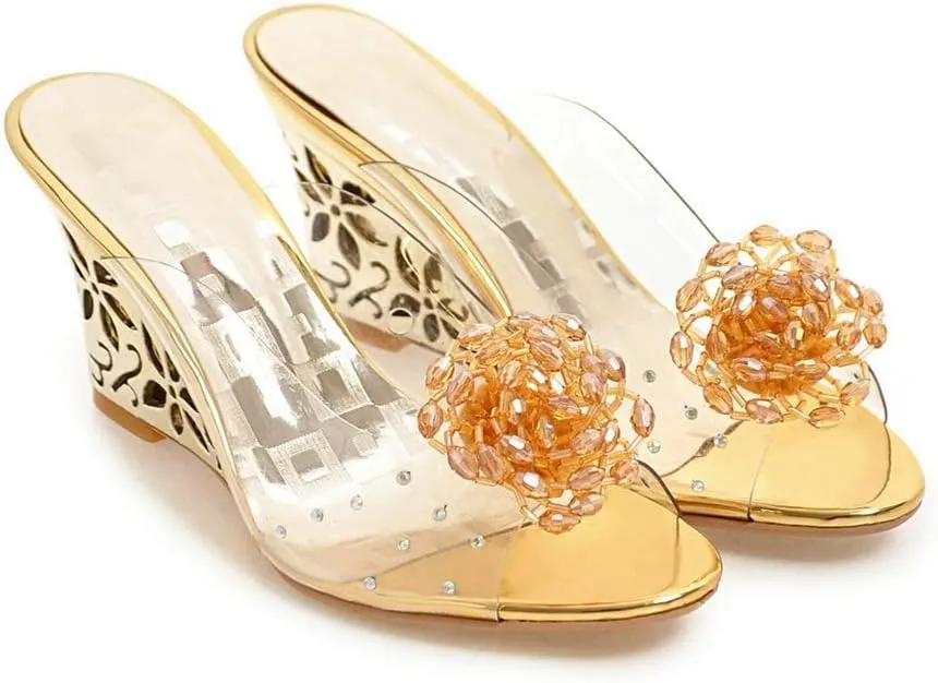 MIOKE Womens Trendy Clear Wedge Slide Sandals Peep Toe Glitter Rhinestone Platform High Heel Dress Sandal