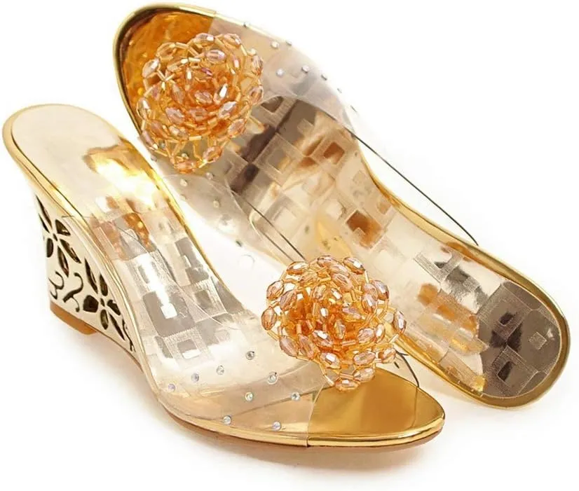 MIOKE Womens Trendy Clear Wedge Slide Sandals Peep Toe Glitter Rhinestone Platform High Heel Dress Sandal