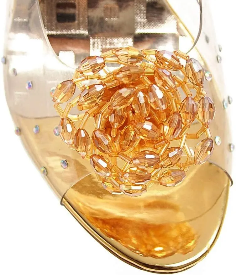 MIOKE Womens Trendy Clear Wedge Slide Sandals Peep Toe Glitter Rhinestone Platform High Heel Dress Sandal