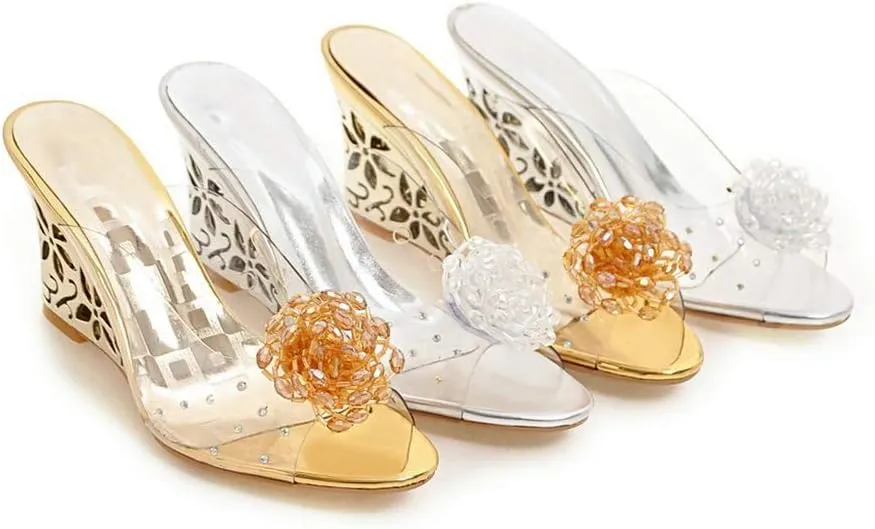 MIOKE Womens Trendy Clear Wedge Slide Sandals Peep Toe Glitter Rhinestone Platform High Heel Dress Sandal