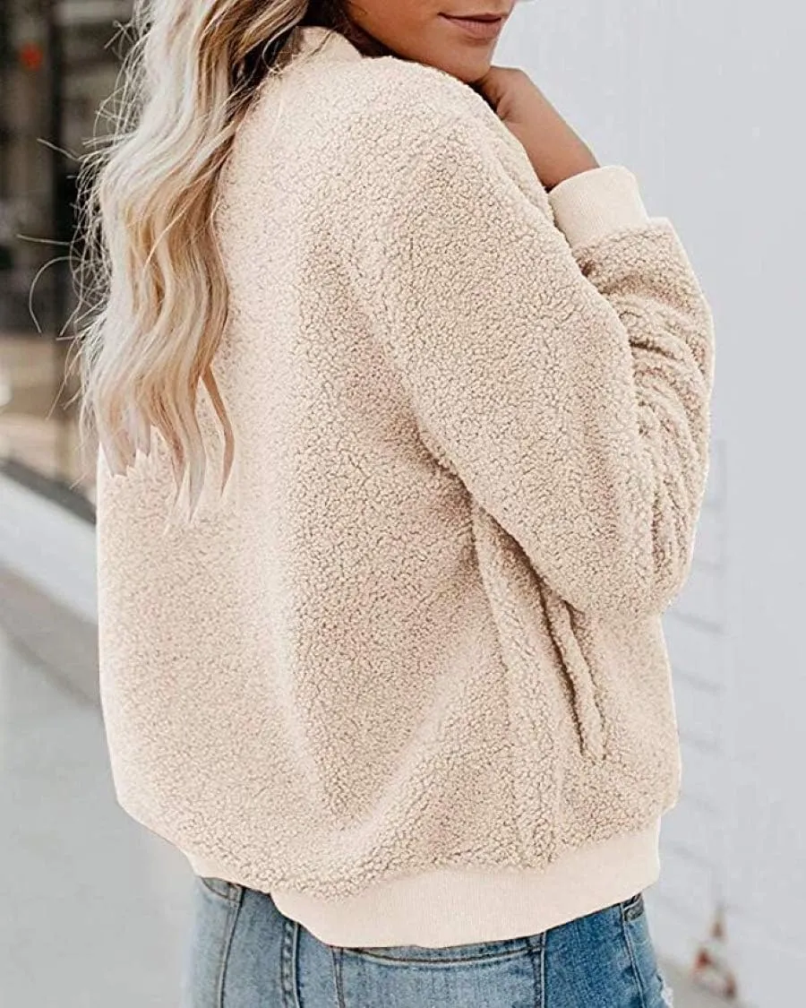 MIROL Women's Sherpa Fleece Jacket Faux Fuzzy Long Sleeve Casual Zip Up Bomber Coat
