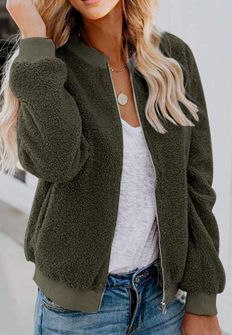 MIROL Women's Sherpa Fleece Jacket Faux Fuzzy Long Sleeve Casual Zip Up Bomber Coat