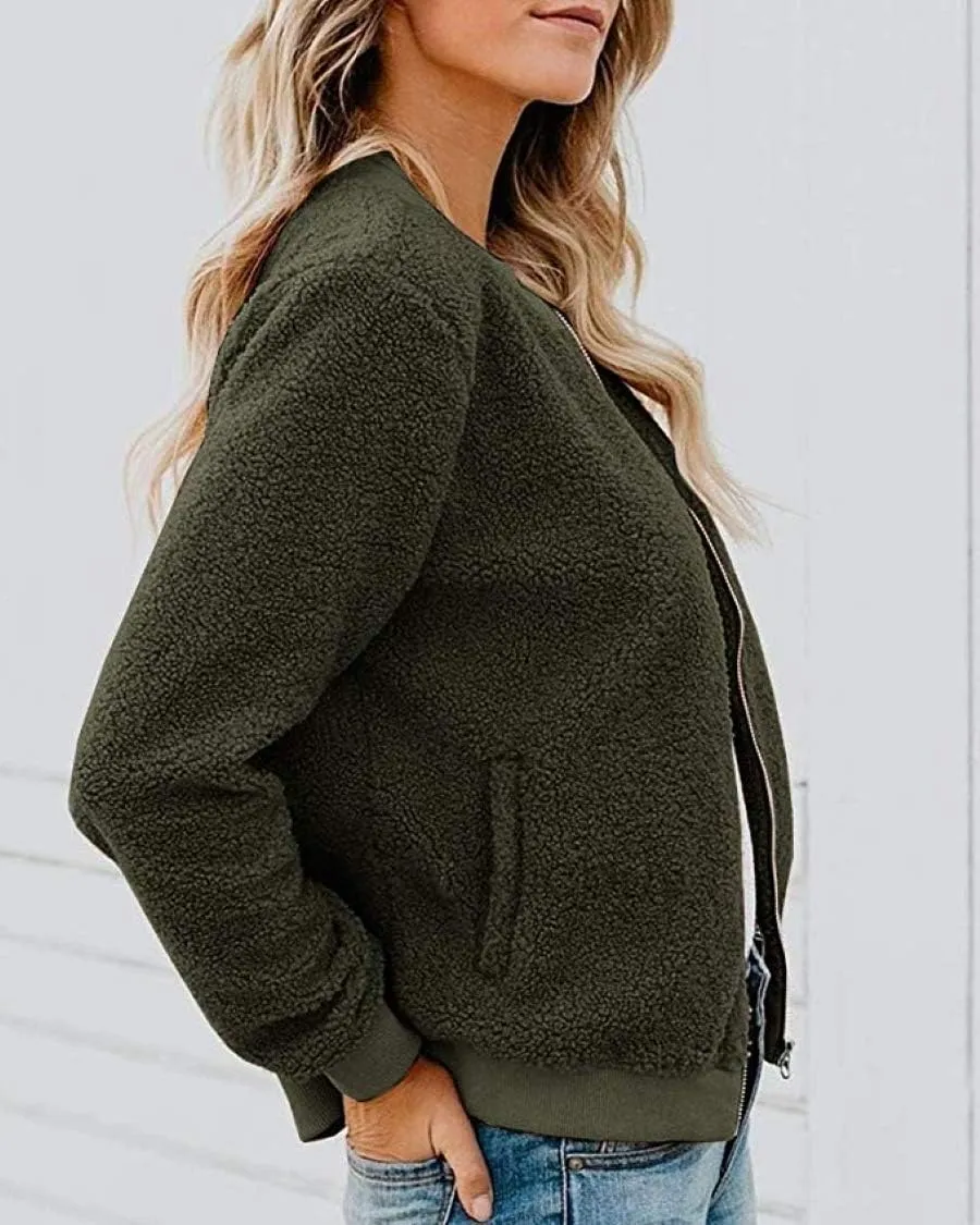 MIROL Women's Sherpa Fleece Jacket Faux Fuzzy Long Sleeve Casual Zip Up Bomber Coat