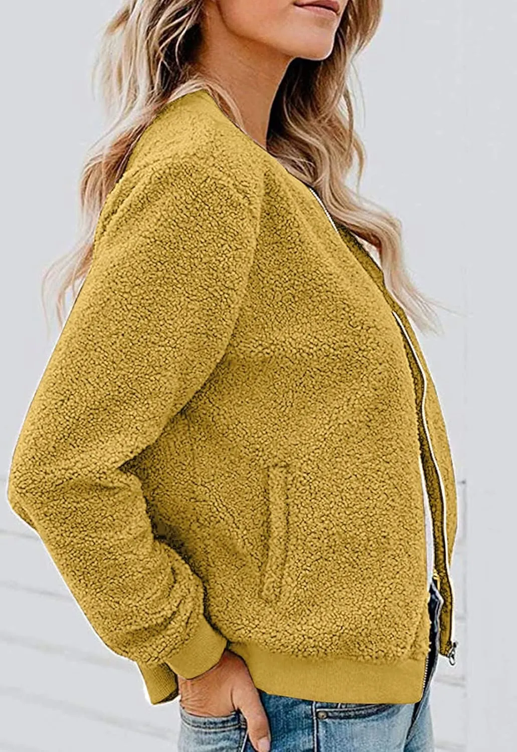 MIROL Women's Sherpa Fleece Jacket Faux Fuzzy Long Sleeve Casual Zip Up Bomber Coat