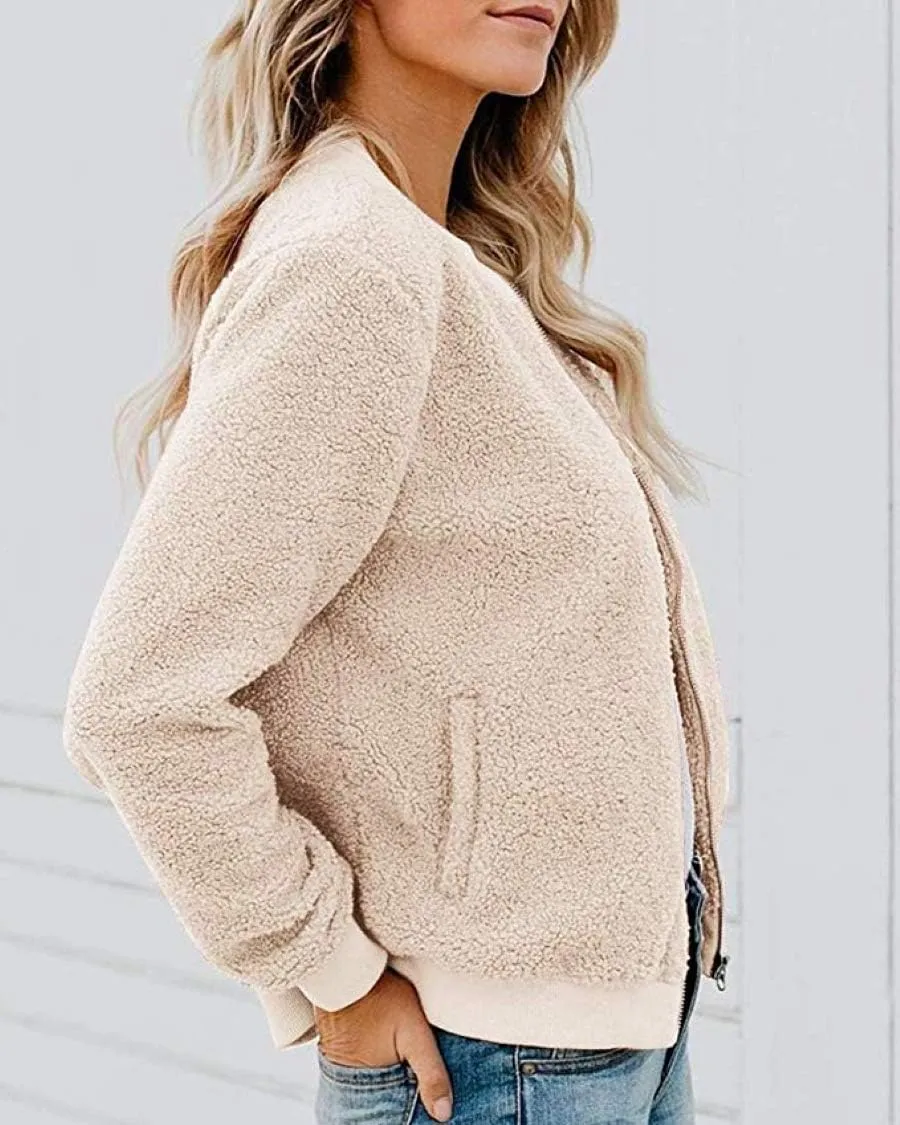 MIROL Women's Sherpa Fleece Jacket Faux Fuzzy Long Sleeve Casual Zip Up Bomber Coat
