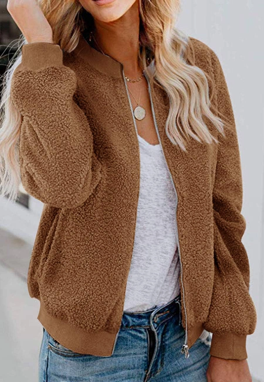 MIROL Women's Sherpa Fleece Jacket Faux Fuzzy Long Sleeve Casual Zip Up Bomber Coat
