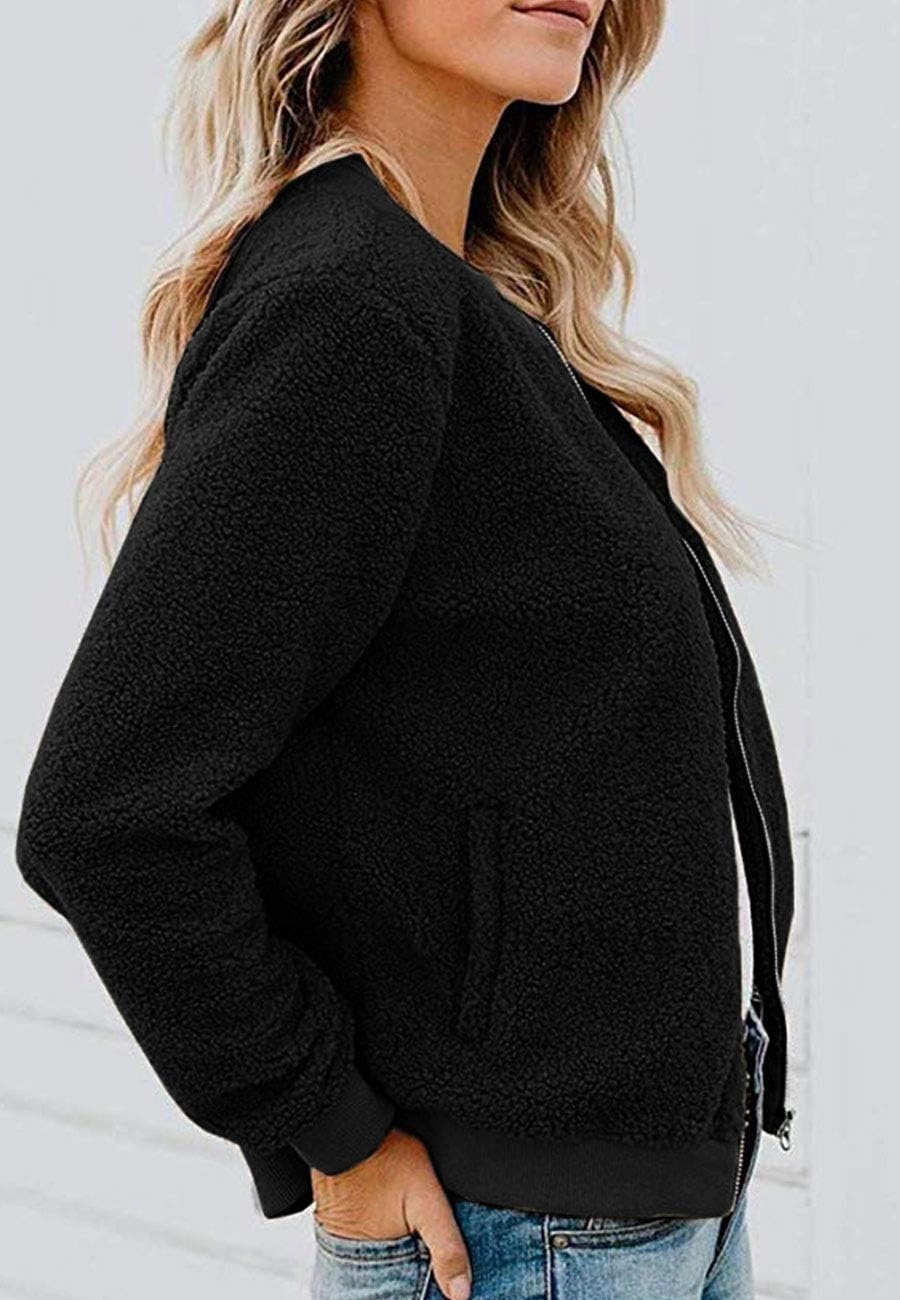 MIROL Women's Sherpa Fleece Jacket Faux Fuzzy Long Sleeve Casual Zip Up Bomber Coat