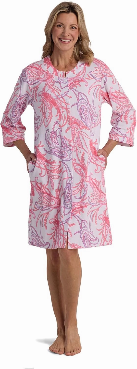 Miss Elaine Women's Interlock Knit Robe, Snap Front and Short Sleeves, Two Front Pockets, Sleepwear and Loungewear (3X, Coral/Lavender Paisley on White)