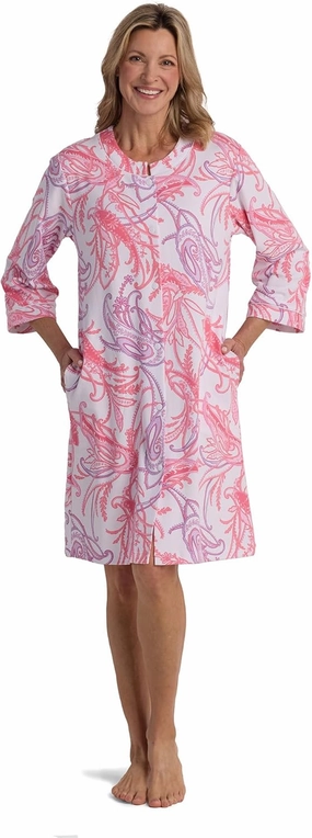 Miss Elaine Women's Interlock Knit Robe, Snap Front and Short Sleeves, Two Front Pockets, Sleepwear and Loungewear (3X, Coral/Lavender Paisley on White)