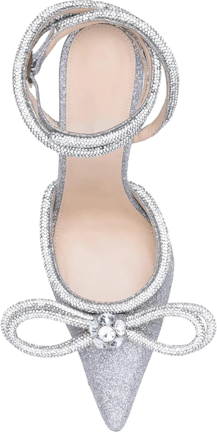 MissHeel Clear Rhinestone Ankle Strap Pumps Heels with Crystal Double Bows 3 inch