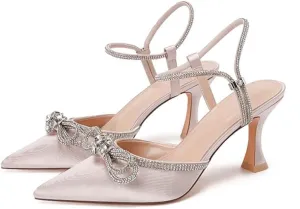 MissHeel Clear Rhinestone Ankle Strap Pumps Heels with Crystal Double Bows 3 inch