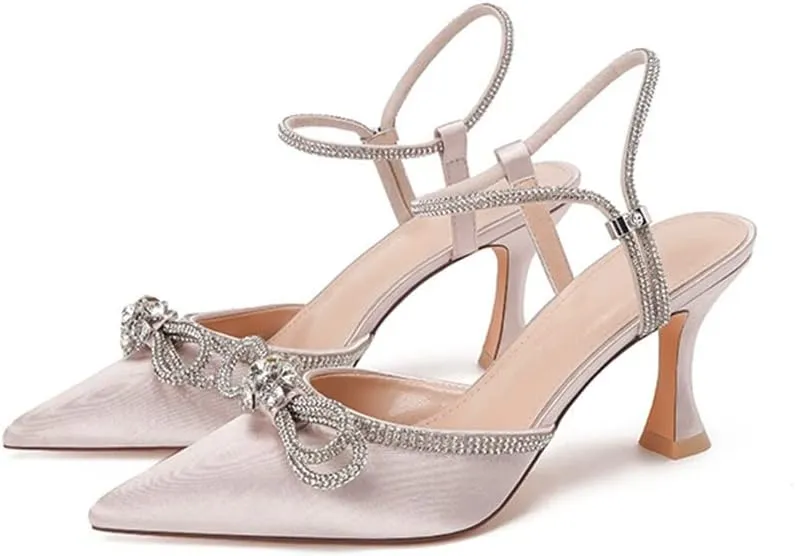 MissHeel Clear Rhinestone Ankle Strap Pumps Heels with Crystal Double Bows 3 inch