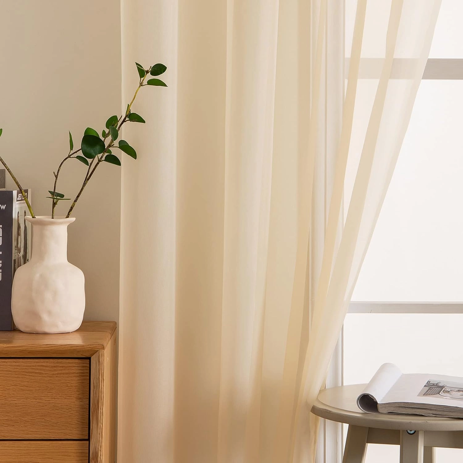 MIULEE 2 Panels Solid Color Sheer Window Curtains Elegant Window Voile Panels/Drapes/Treatment for Bedroom Living Room (54 X 84 Inches Cream Beige)