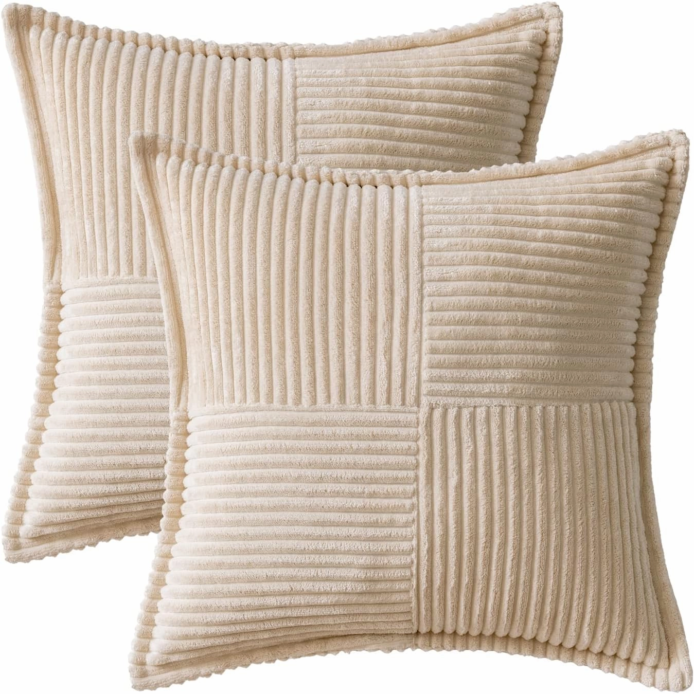 MIULEE Corduroy Pillow Covers with Splicing Set of 2 Super Soft Boho Striped Pillow Covers Broadside Decorative Spring Throw Pillows for Couch Cushion Livingroom 18x18 inch, Beige