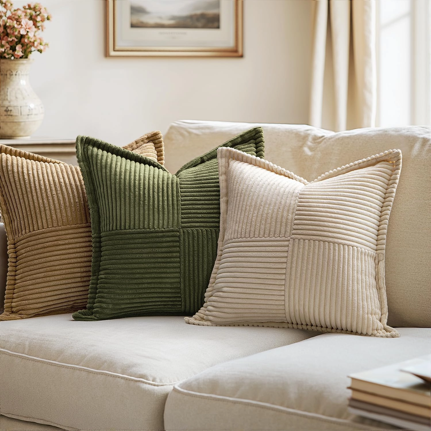 MIULEE Corduroy Pillow Covers with Splicing Set of 2 Super Soft Boho Striped Pillow Covers Broadside Decorative Spring Throw Pillows for Couch Cushion Livingroom 18x18 inch, Beige