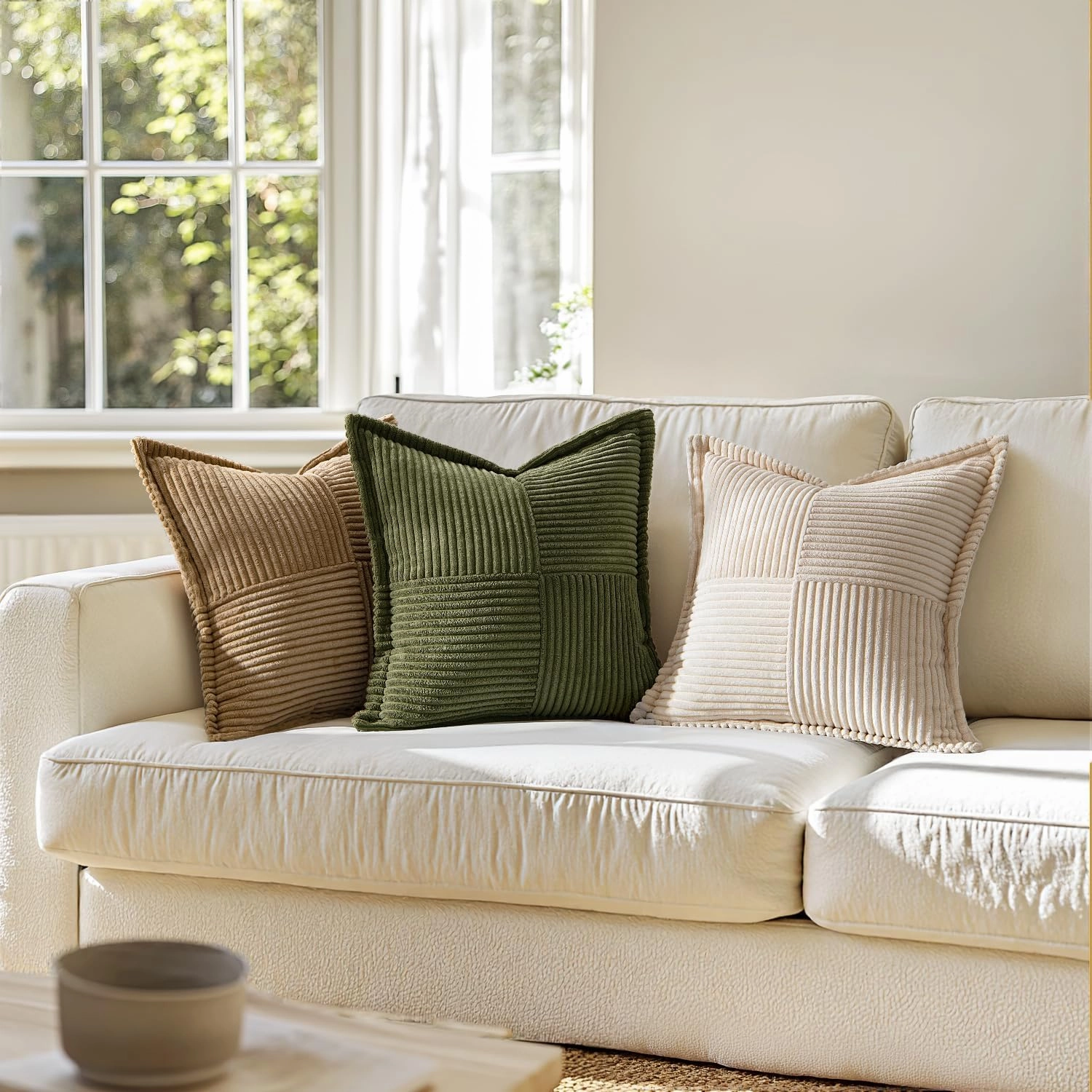 MIULEE Corduroy Pillow Covers with Splicing Set of 2 Super Soft Boho Striped Pillow Covers Broadside Decorative Spring Throw Pillows for Couch Cushion Livingroom 18x18 inch, Beige