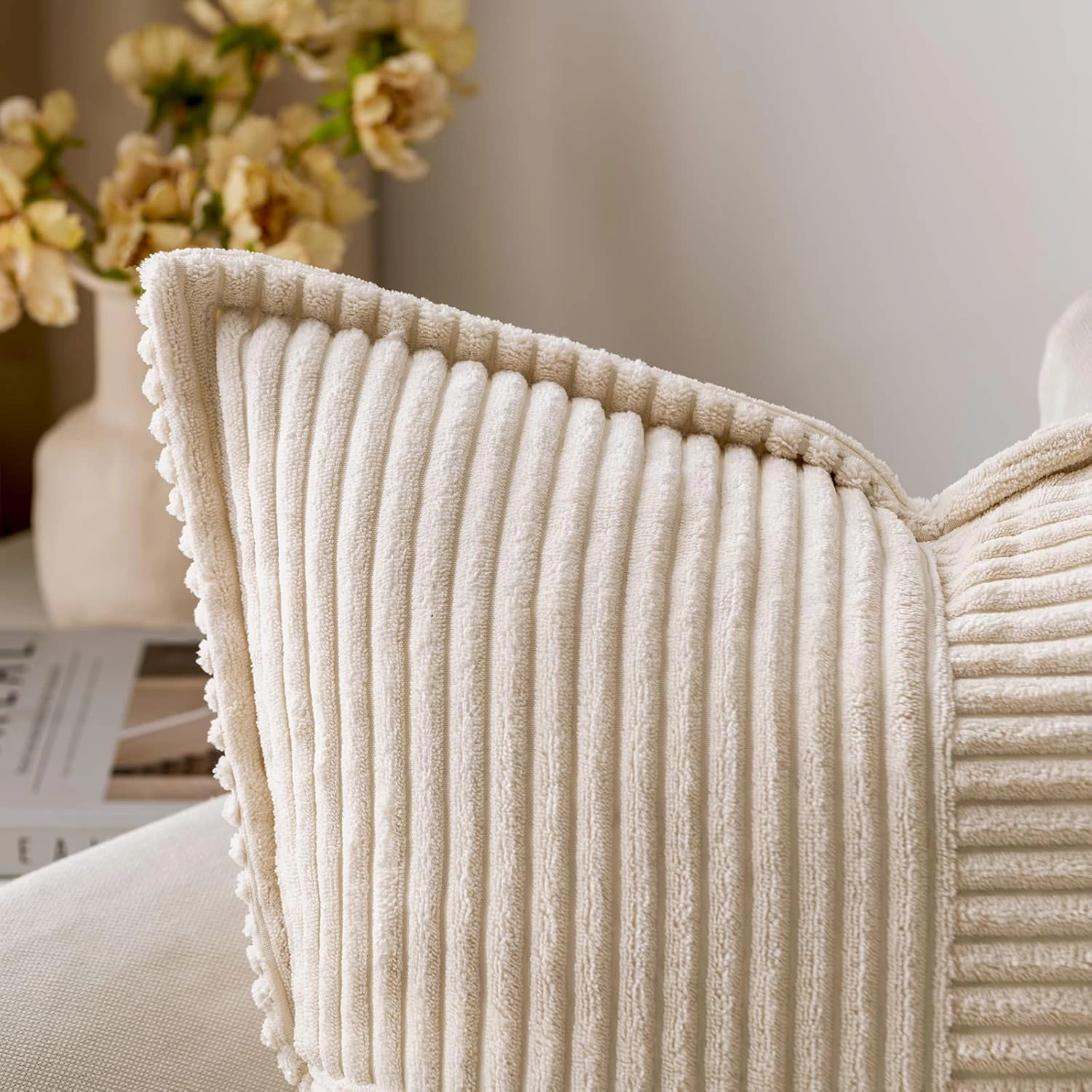 MIULEE Corduroy Pillow Covers with Splicing Set of 2 Super Soft Boho Striped Pillow Covers Broadside Decorative Spring Throw Pillows for Couch Cushion Livingroom 18x18 inch, Beige