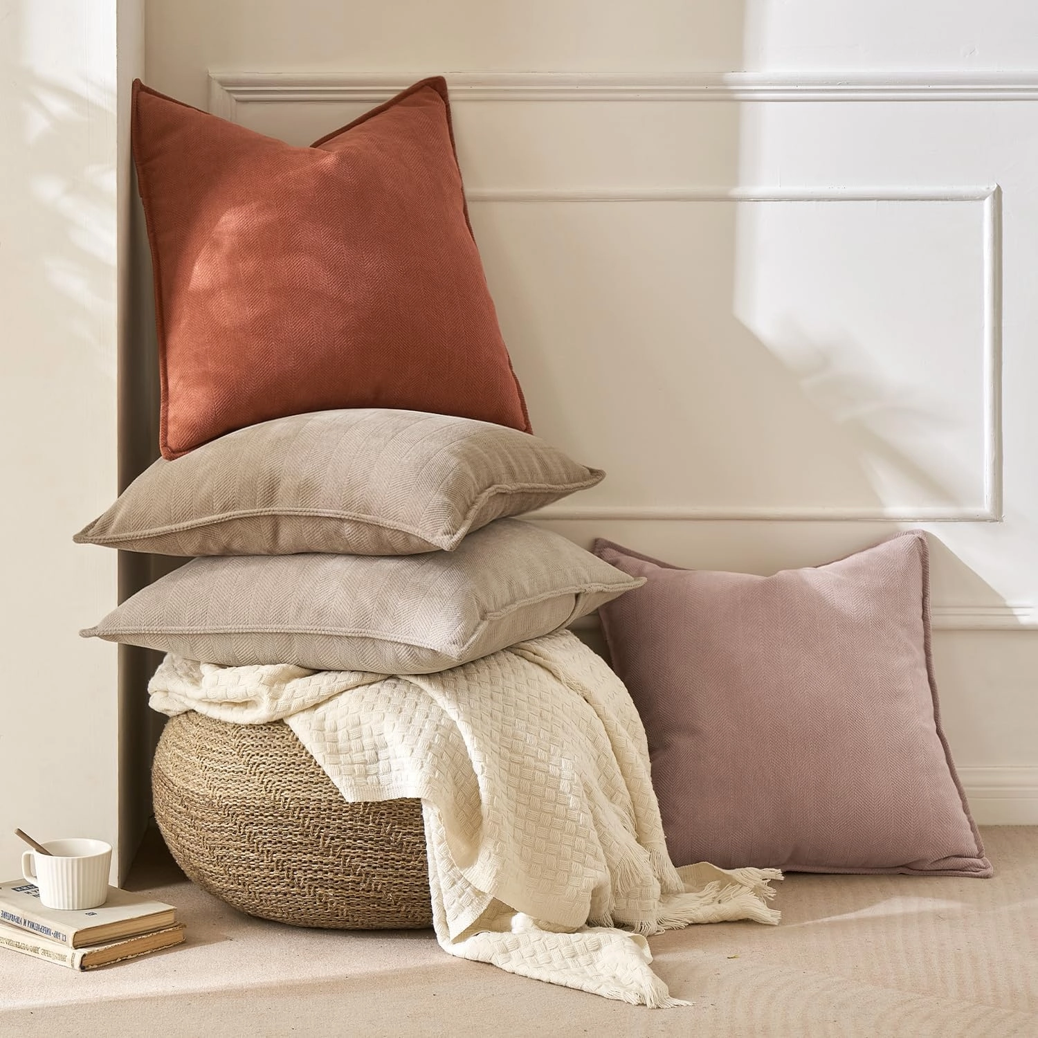 MIULEE Pack of 2 Beige Decorative Pillow Covers 18x18 Inch Soft Chenille Luxurious Couch Throw Pillows Farmhouse Cushion Covers with Elegant Design for Sofa Bedroom Living Room Home Decor