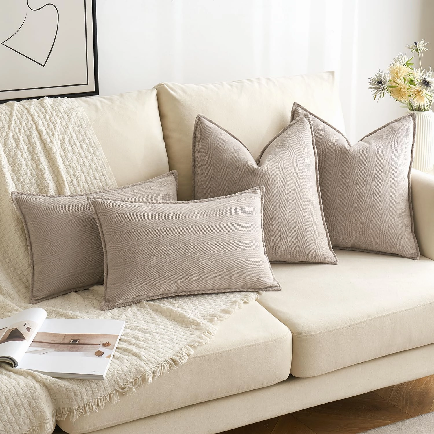 MIULEE Pack of 2 Beige Decorative Pillow Covers 18x18 Inch Soft Chenille Luxurious Couch Throw Pillows Farmhouse Cushion Covers with Elegant Design for Sofa Bedroom Living Room Home Decor