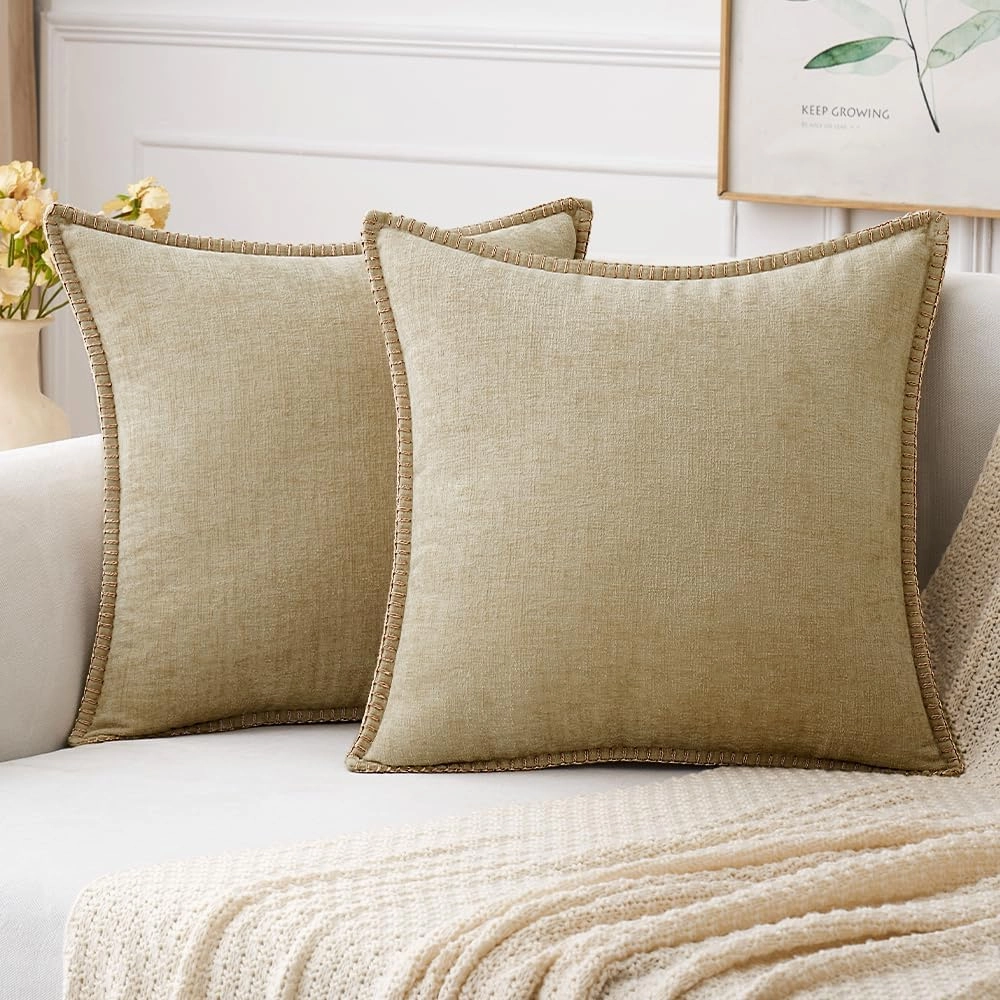 MIULEE Pack of 2 Couch Throw Pillow Covers 24x24 Inch Beige Farmhouse Decorative Pillow Covers with Stitched Edge Soft Chenille Solid Dyed Spring Pillow Covers for Sofa Bed Living Room