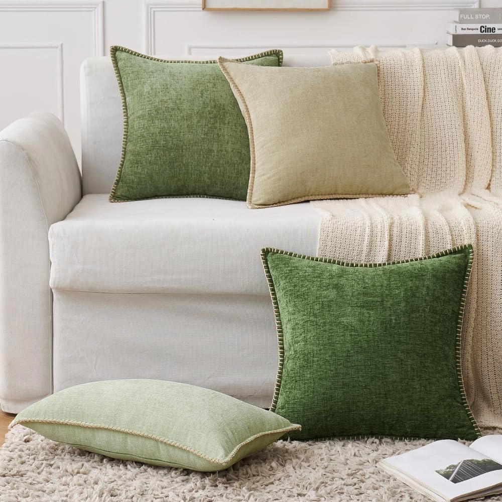 MIULEE Pack of 2 Couch Throw Pillow Covers 24x24 Inch Beige Farmhouse Decorative Pillow Covers with Stitched Edge Soft Chenille Solid Dyed Spring Pillow Covers for Sofa Bed Living Room