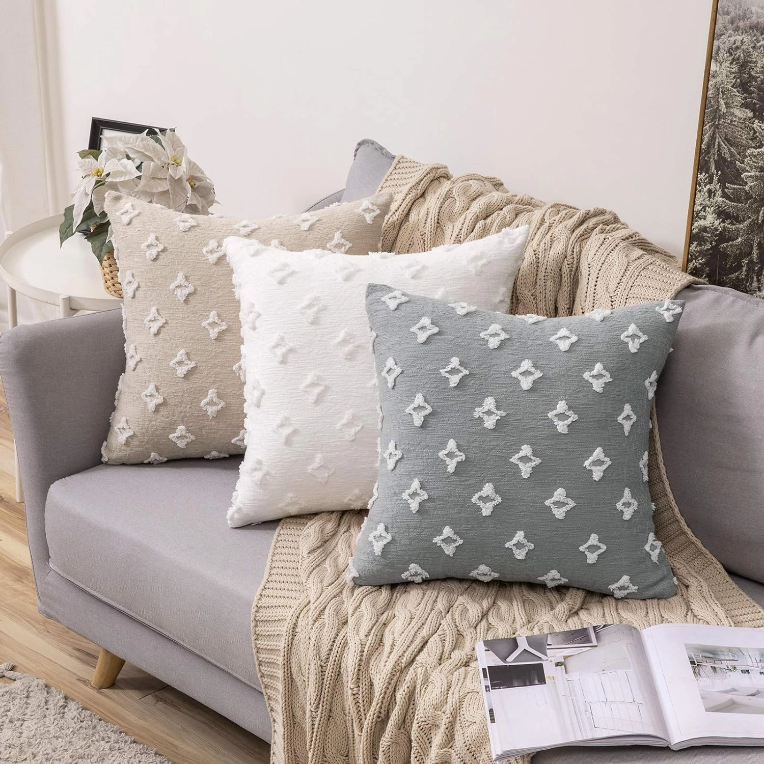 MIULEE Set of 2 Decorative Throw Pillow Covers Rhombic Jacquard Pillowcase Soft Square Cushion Case for Couch Sofa Bed Bedroom Living Room, 18x18 Inch, Beige