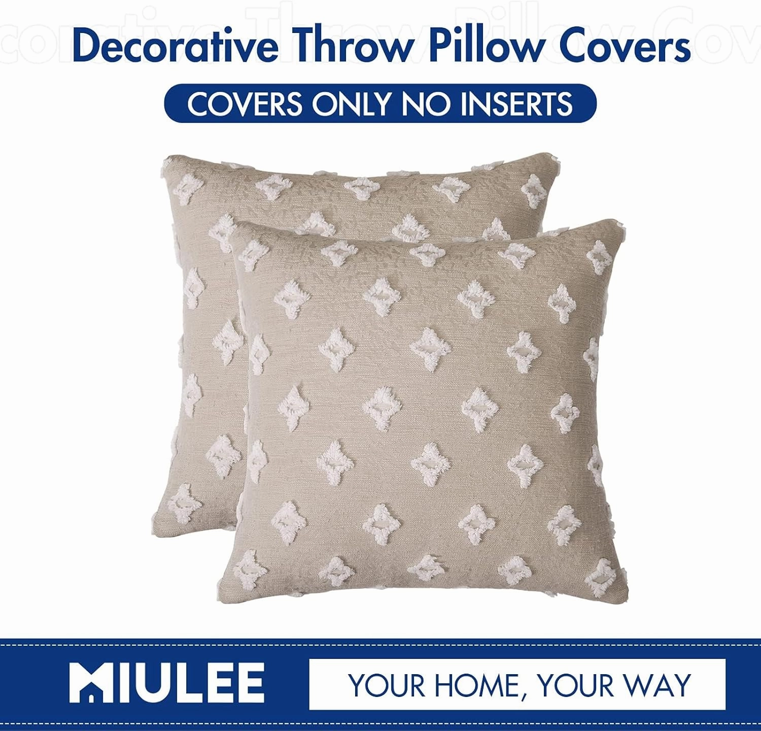 MIULEE Set of 2 Decorative Throw Pillow Covers Rhombic Jacquard Pillowcase Soft Square Cushion Case for Couch Sofa Bed Bedroom Living Room, 18x18 Inch, Beige