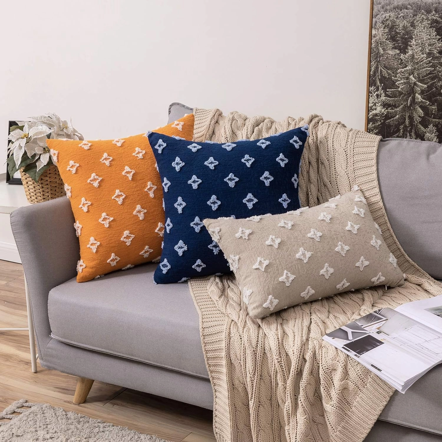 MIULEE Set of 2 Decorative Throw Pillow Covers Rhombic Jacquard Pillowcase Soft Square Cushion Case for Couch Sofa Bed Bedroom Living Room, 18x18 Inch, Beige