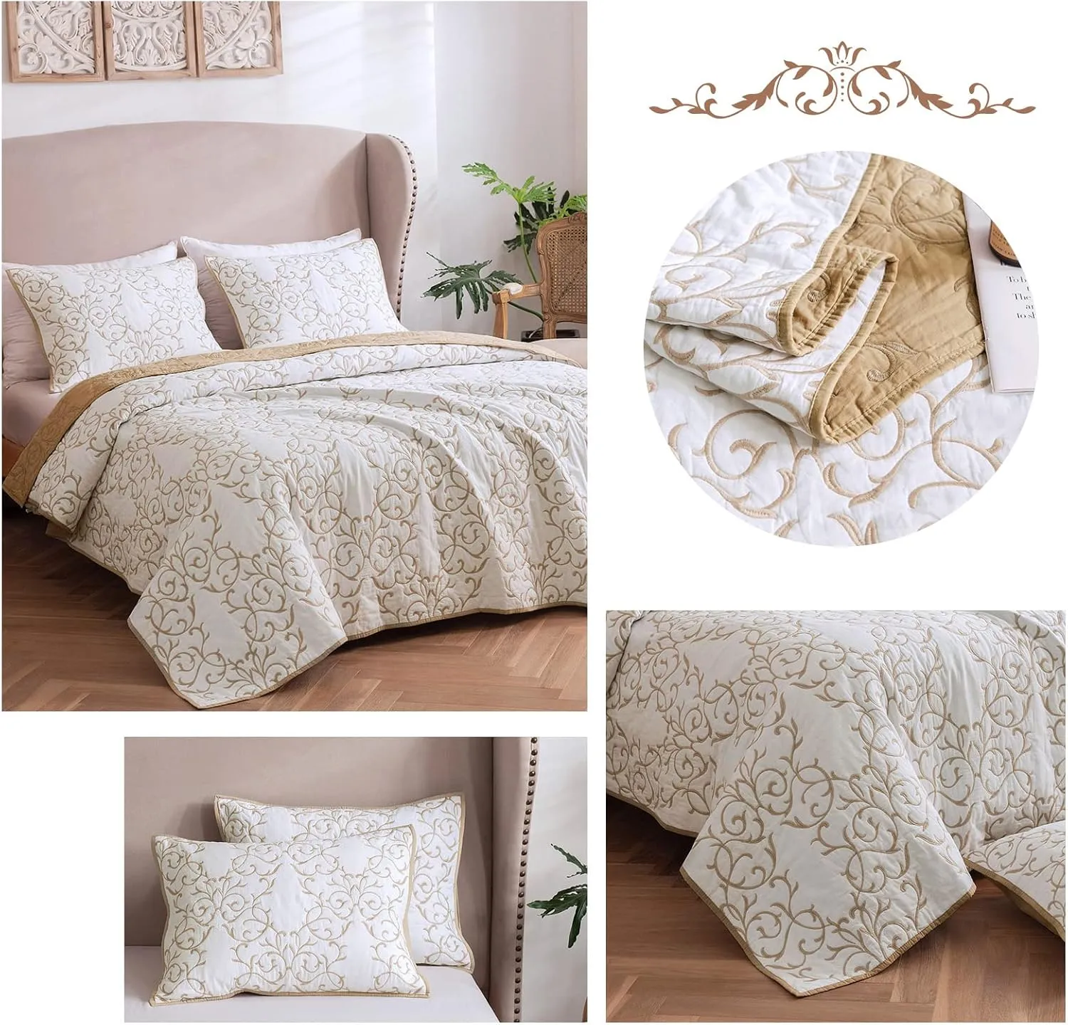 mixinni Quilt King Size Reversible Soft Cotton 3-Piece Beige Embroidery Pattern Elegant Quilt Set with Embroidered Decorative Shams Soft Bedspread&Coverlet Set-King Size