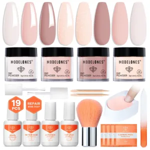 Modelones Dip Powder Nail Kit, 4 Colors Nude Pink Glitter Dipping Starter Set with Liquid and Complete Accessories for French Nails Art Salon DIY at Home Manicure