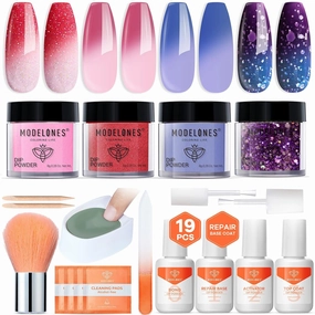 Modelones Color Changing Dip Powder Nail Kit Starter, 4 Colors Pink Red Glitter Blue Mood Temperature Change Dip Nail Kit Liquid Set with Base Top Coat Activator for Nail Art DIY Salon Holiday Gift