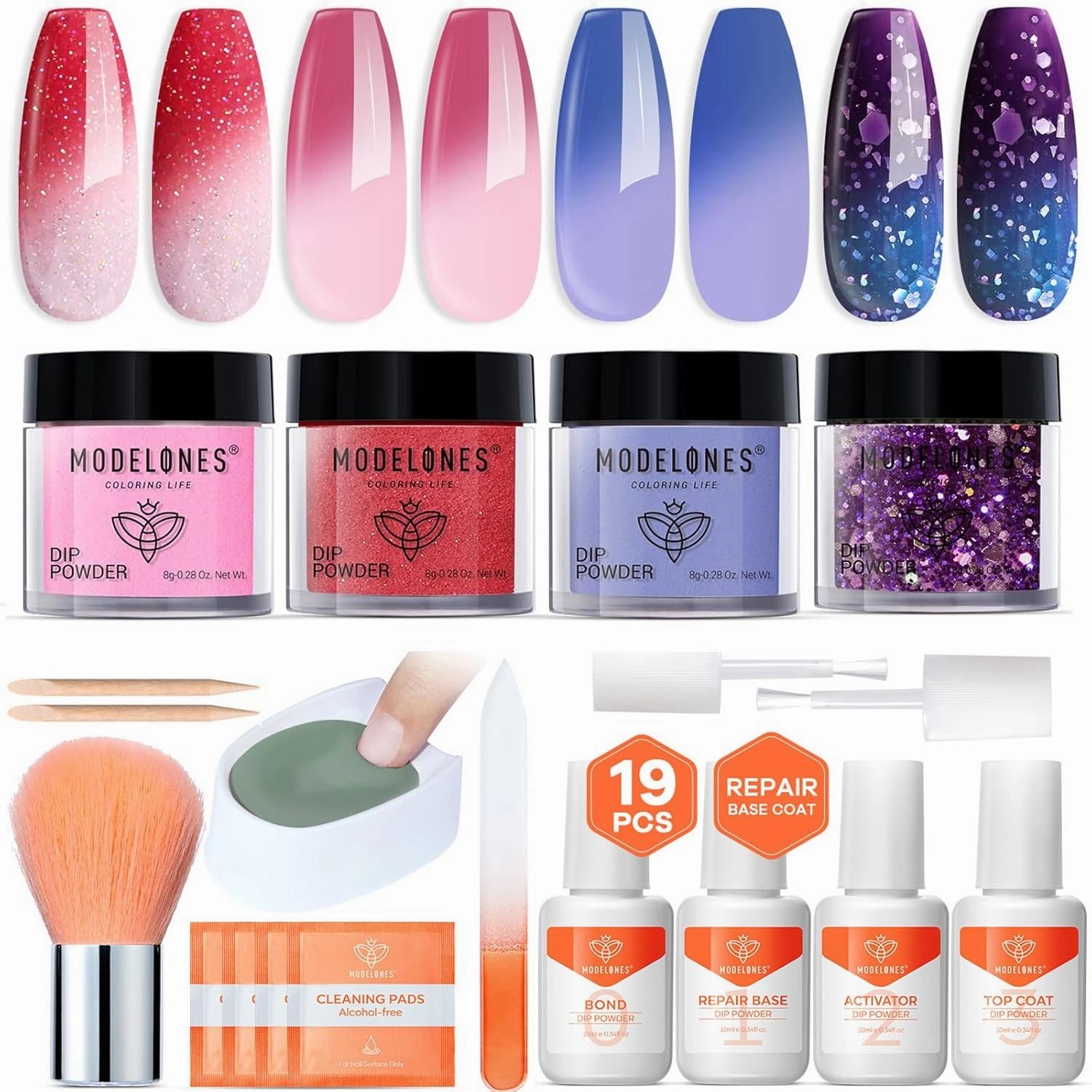 Modelones Color Changing Dip Powder Nail Kit Starter, 4 Colors Pink Red Glitter Blue Mood Temperature Change Dip Nail Kit Liquid Set with Base Top Coat Activator for Nail Art DIY Salon Holiday Gift