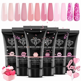 Modelones Poly Nail Gel Set, 6 Colors Pink Confetti Collection Nude Pink Glitter Colors Poly Extension Gel Enhancement Builder Pastel Summer Manicure DIY Home Salon