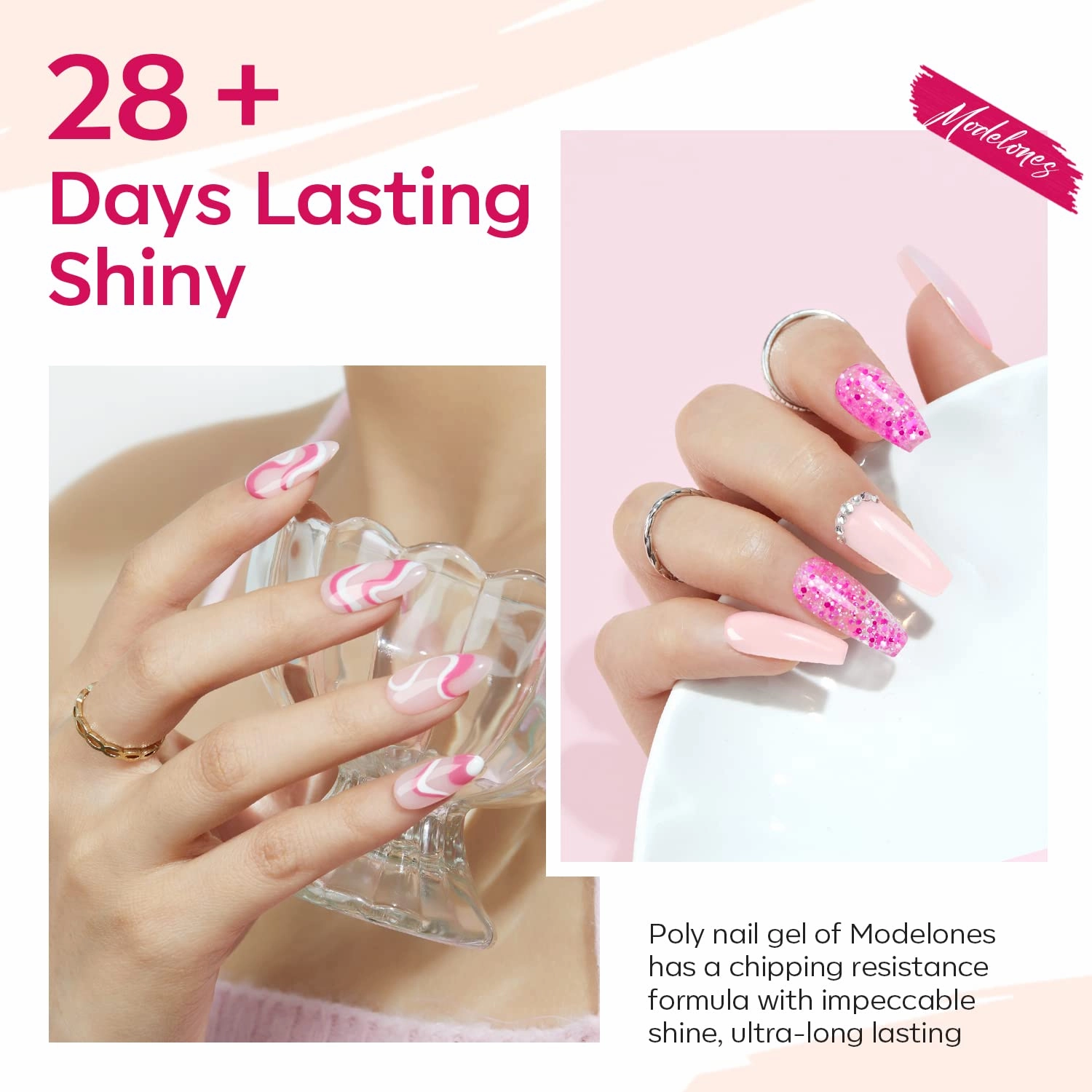 Modelones Poly Nail Gel Set, 6 Colors Pink Confetti Collection Nude Pink Glitter Colors Poly Extension Gel Enhancement Builder Pastel Summer Manicure DIY Home Salon