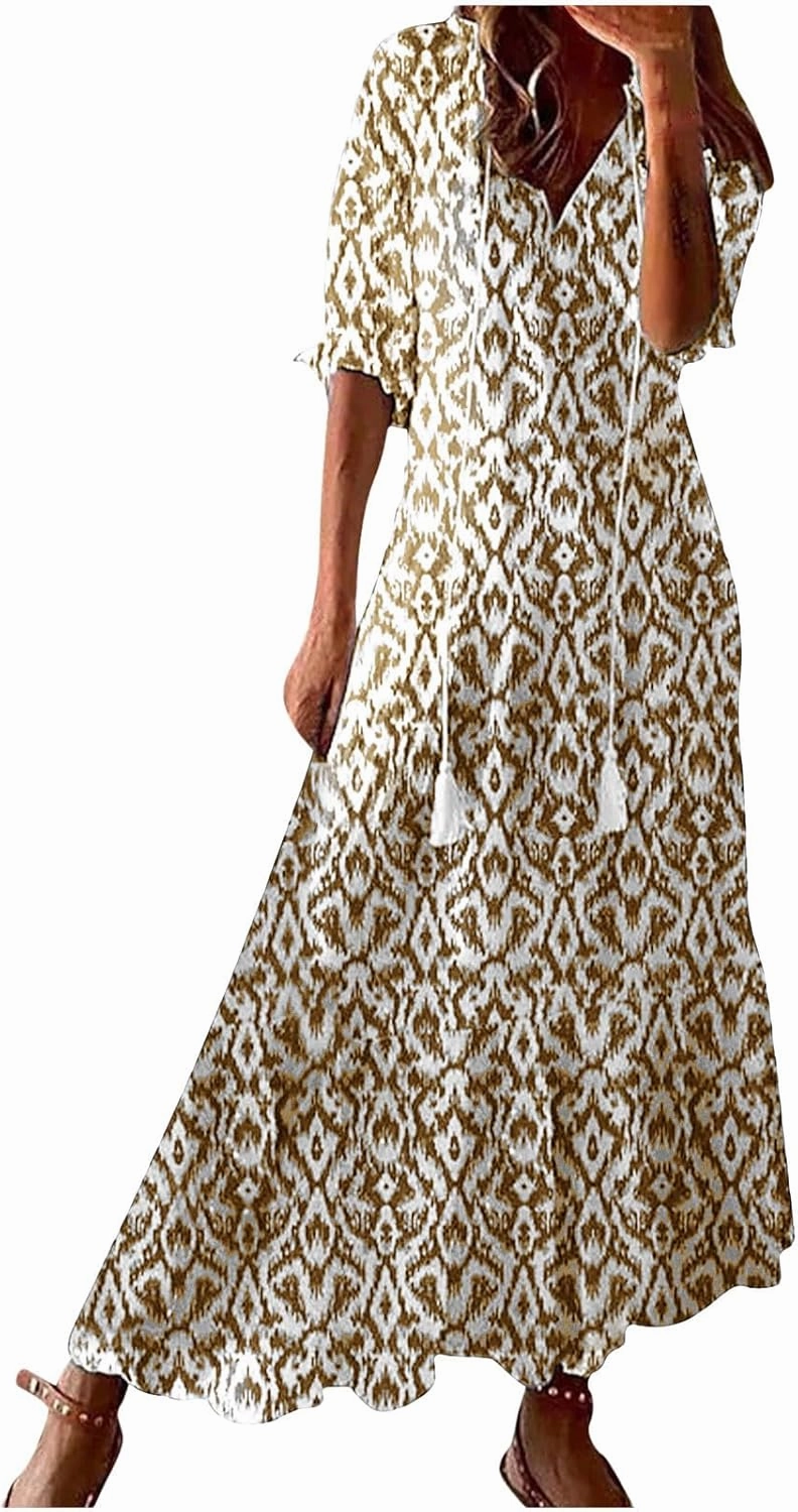 Modest Dresses for Women Summer Casual Short Sleeve V-Neck Maxi Dress Plus Size Flowy Loose Fit Long Sundresses