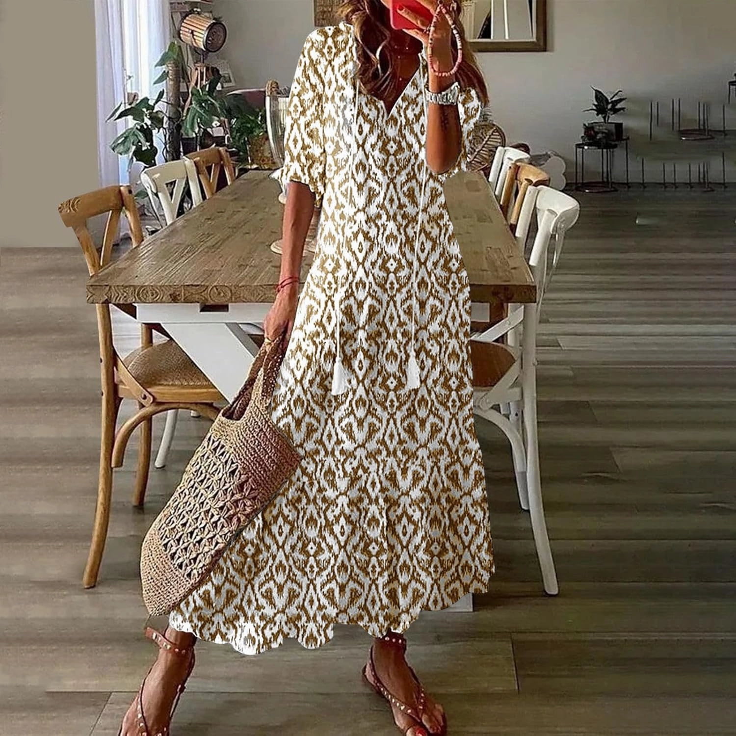 Modest Dresses for Women Summer Casual Short Sleeve V-Neck Maxi Dress Plus Size Flowy Loose Fit Long Sundresses