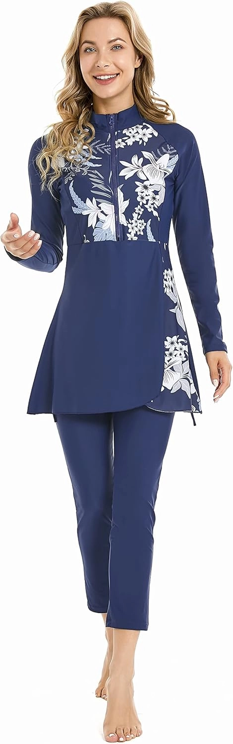 Modest Plus Size Swimsuit for Women with Long Sleeves Full Coverage Bukini Modest Bathing Suit for Girls Padded