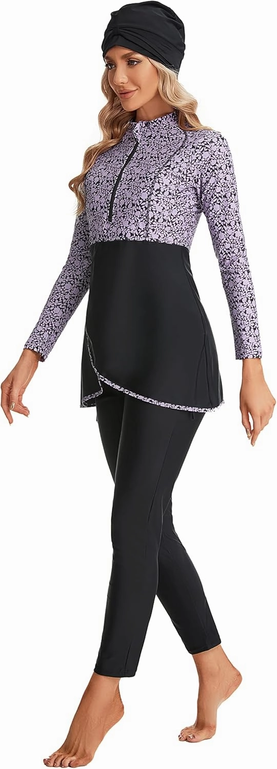 Modest Plus Size Swimsuit for Women with Long Sleeves Full Coverage Bukini Modest Bathing Suit for Girls Padded