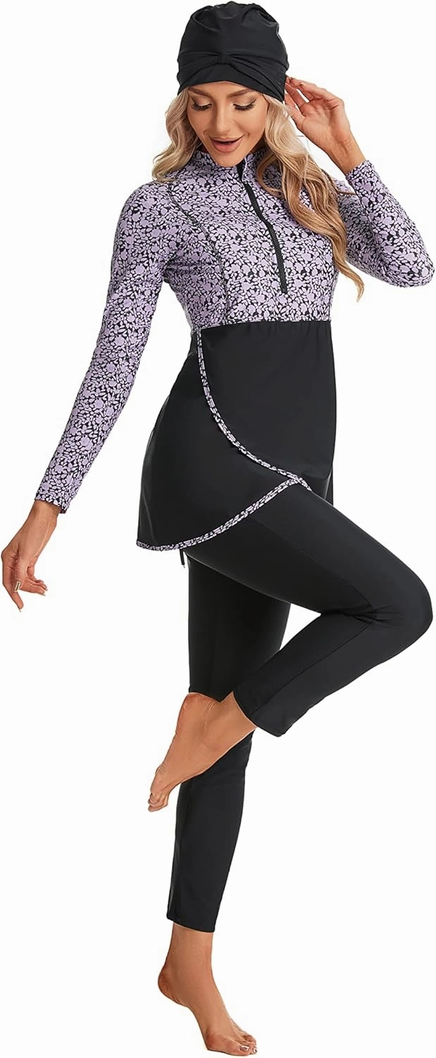 Modest Plus Size Swimsuit for Women with Long Sleeves Full Coverage Bukini Modest Bathing Suit for Girls Padded
