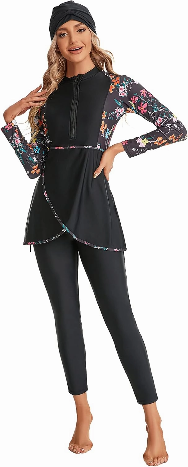 Modest Plus Size Swimsuit for Women with Long Sleeves Full Coverage Bukini Modest Bathing Suit for Girls Padded
