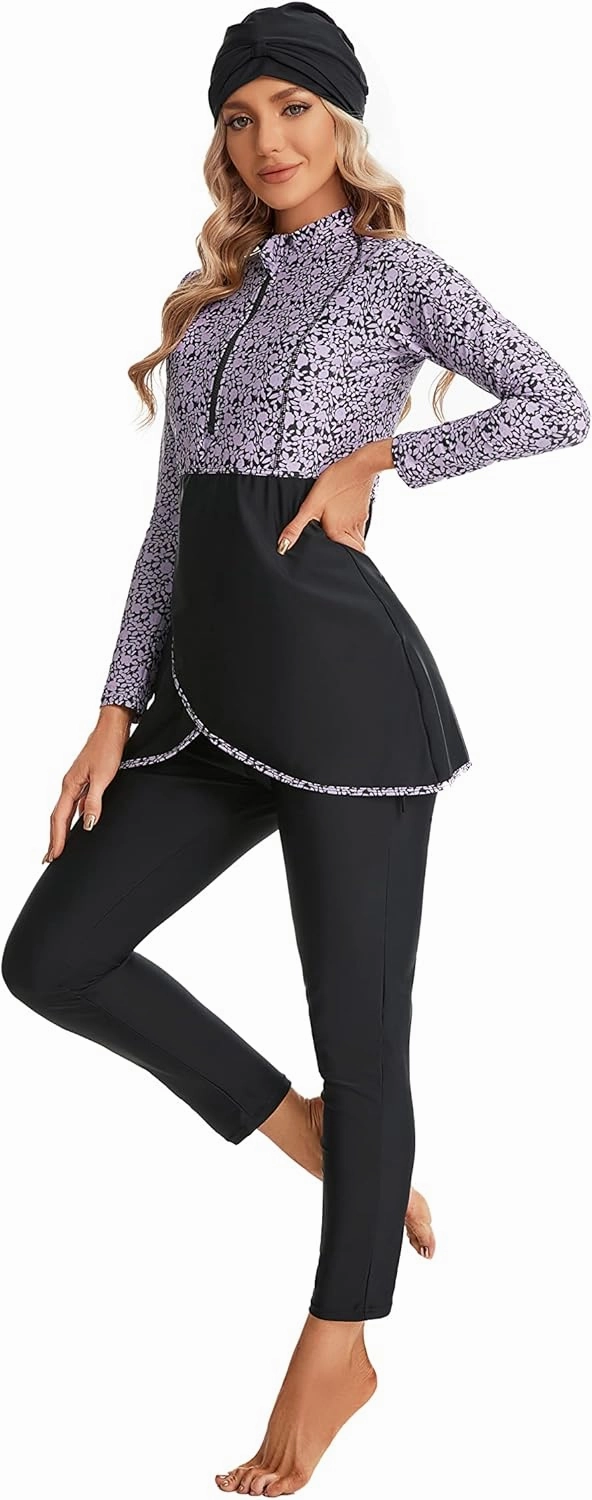 Modest Plus Size Swimsuit for Women with Long Sleeves Full Coverage Bukini Modest Bathing Suit for Girls Padded