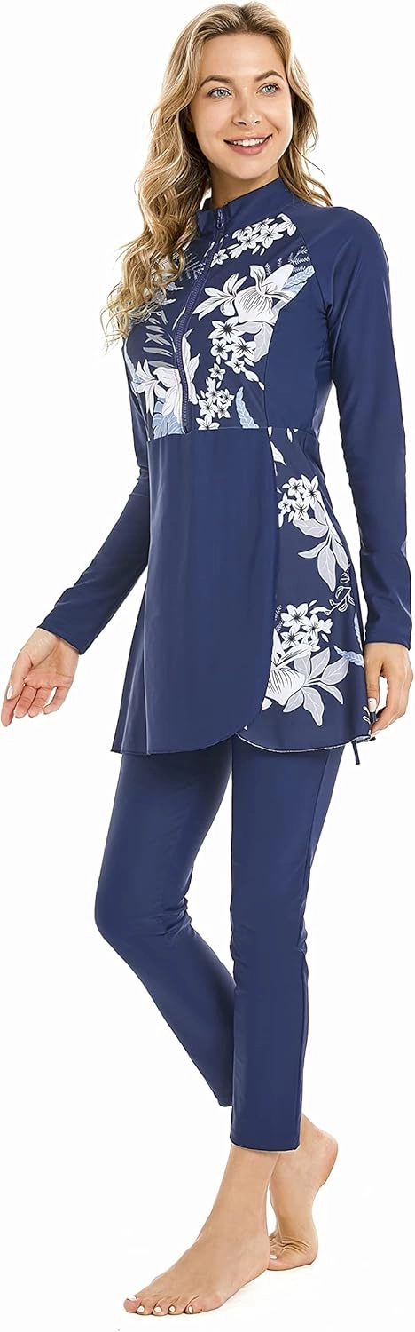Modest Plus Size Swimsuit for Women with Long Sleeves Full Coverage Bukini Modest Bathing Suit for Girls Padded