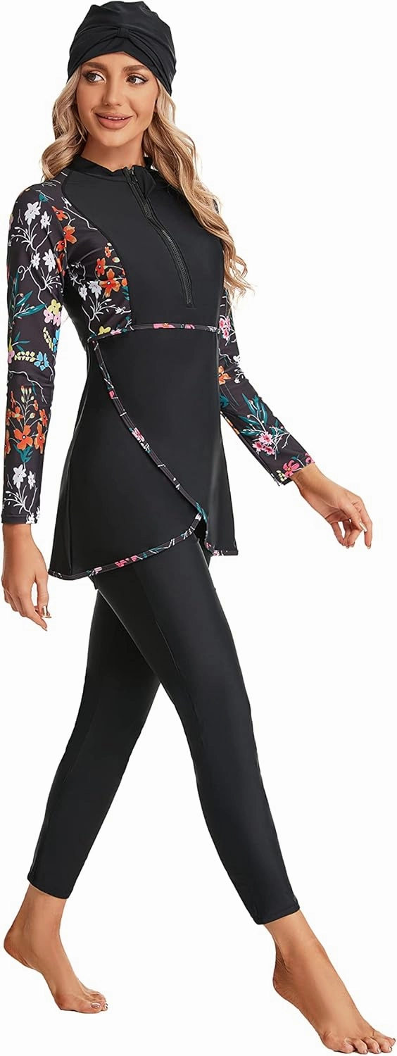 Modest Plus Size Swimsuit for Women with Long Sleeves Full Coverage Bukini Modest Bathing Suit for Girls Padded