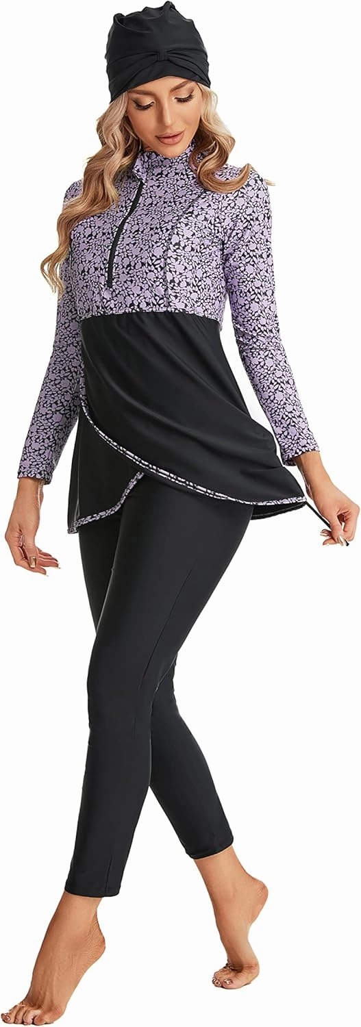 Modest Plus Size Swimsuit for Women with Long Sleeves Full Coverage Bukini Modest Bathing Suit for Girls Padded
