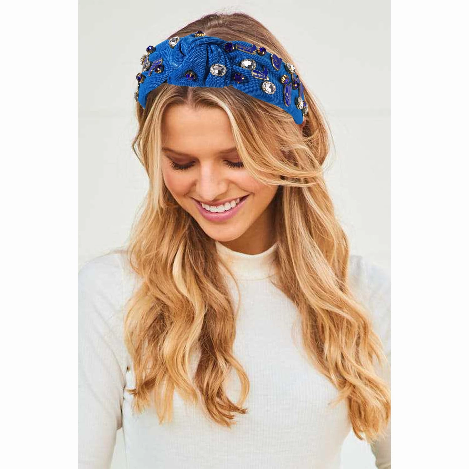 mokkia Western Headbands for Women Jeweled Rhinestone Crystal Knotted Headbands Wide Cowgirl Cowboy Boots Hats Hairbands Cowgirl Hair Accessories Spring Summer Headwear (Navy Blue)