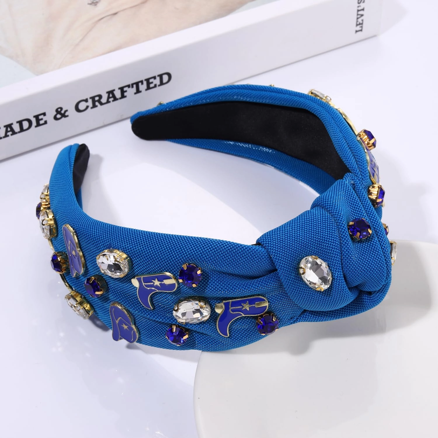 mokkia Western Headbands for Women Jeweled Rhinestone Crystal Knotted Headbands Wide Cowgirl Cowboy Boots Hats Hairbands Cowgirl Hair Accessories Spring Summer Headwear (Navy Blue)