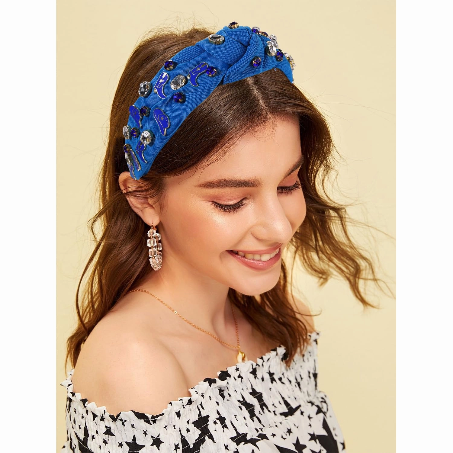 mokkia Western Headbands for Women Jeweled Rhinestone Crystal Knotted Headbands Wide Cowgirl Cowboy Boots Hats Hairbands Cowgirl Hair Accessories Spring Summer Headwear (Navy Blue)