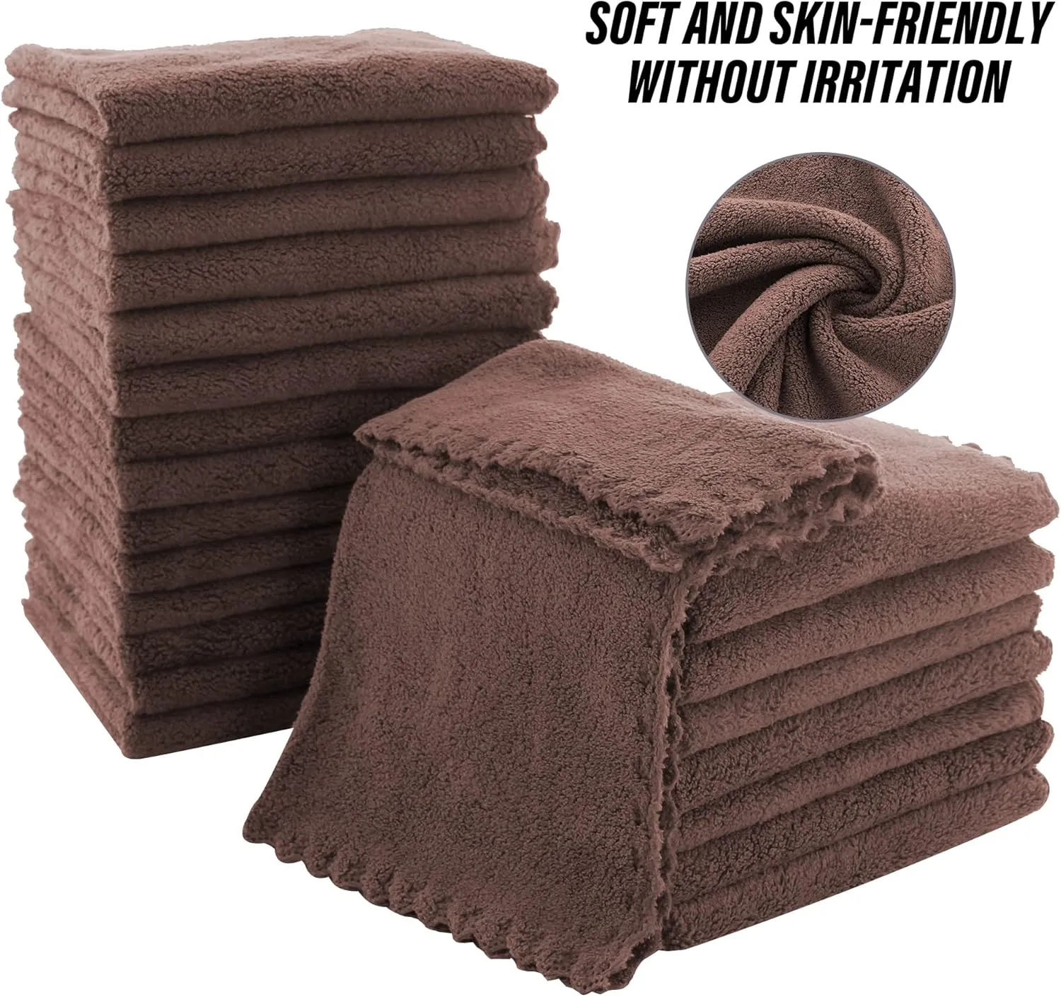 MOONQUEEN Ultra Soft Premium Washcloths Set - 12 x 12 inches - 24 Pack - Quick Drying - Highly Absorbent Coral Velvet Bathroom Wash Clothes - Use as Bath, Spa, Facial, Fingertip Towel (Wood Brown)