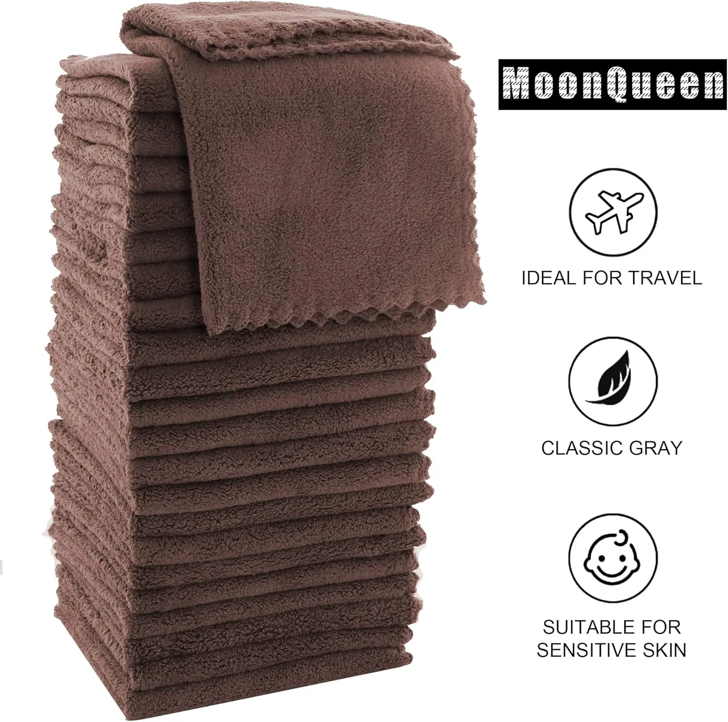 MOONQUEEN Ultra Soft Premium Washcloths Set - 12 x 12 inches - 24 Pack - Quick Drying - Highly Absorbent Coral Velvet Bathroom Wash Clothes - Use as Bath, Spa, Facial, Fingertip Towel (Wood Brown)
