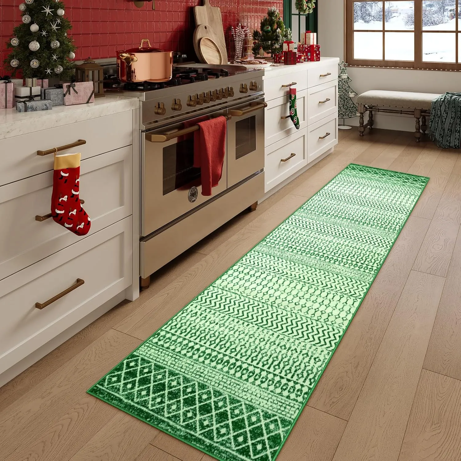 Moroccan Christmas Runner Rugs for Hallway, 2x8 Non Slip Farmhouse Green Area Rug, Washable Low Pile Christmas Front Door Mat Indoor Carpet for Kitchen Bedroom Laundry